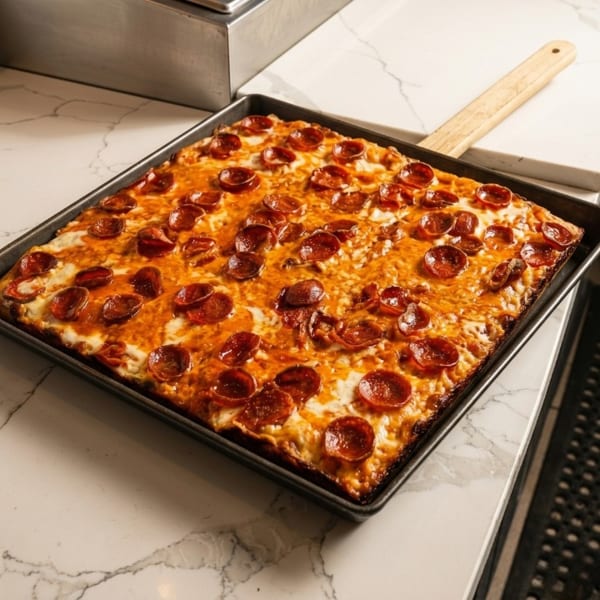 A rectangular pepperoni pizza in a dark baking pan sits on a white marble counter.