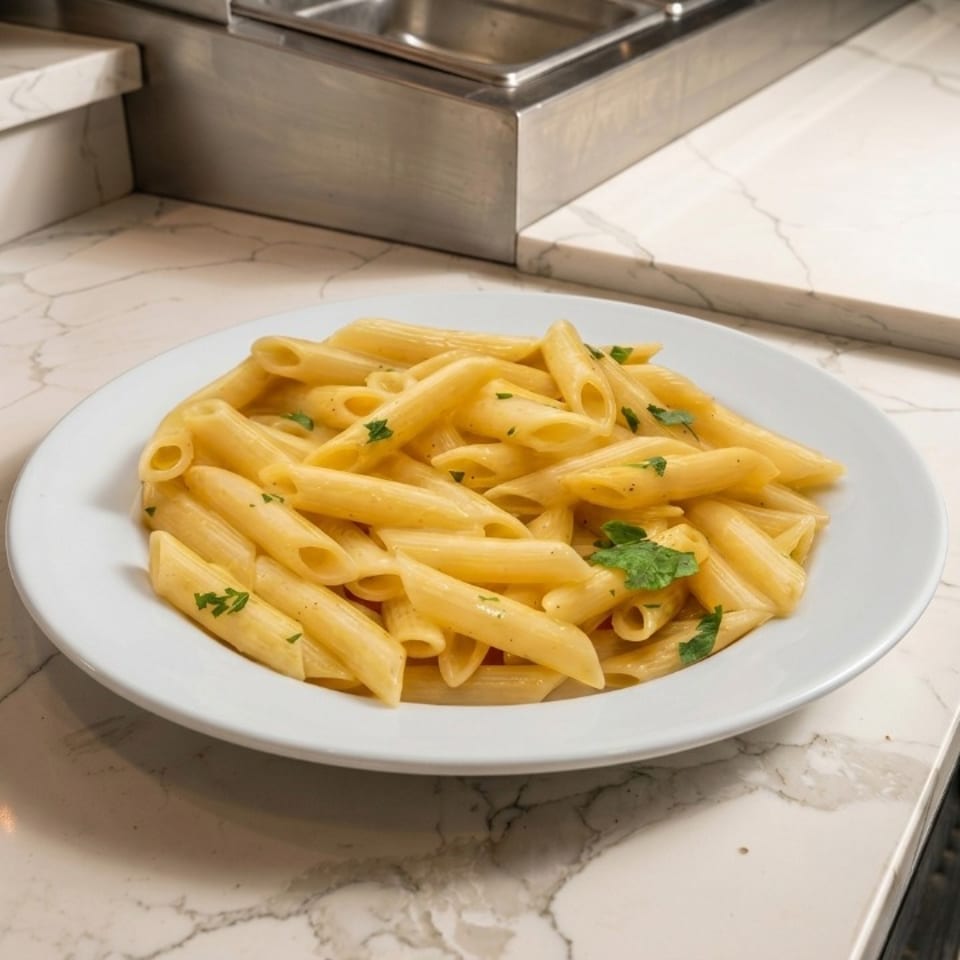 A white plate of penne pasta with a creamy sauce and parsley sits on a marble counter.